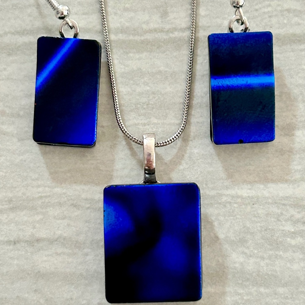 Dark blue iridized dichroic fused glass pendant and earring set